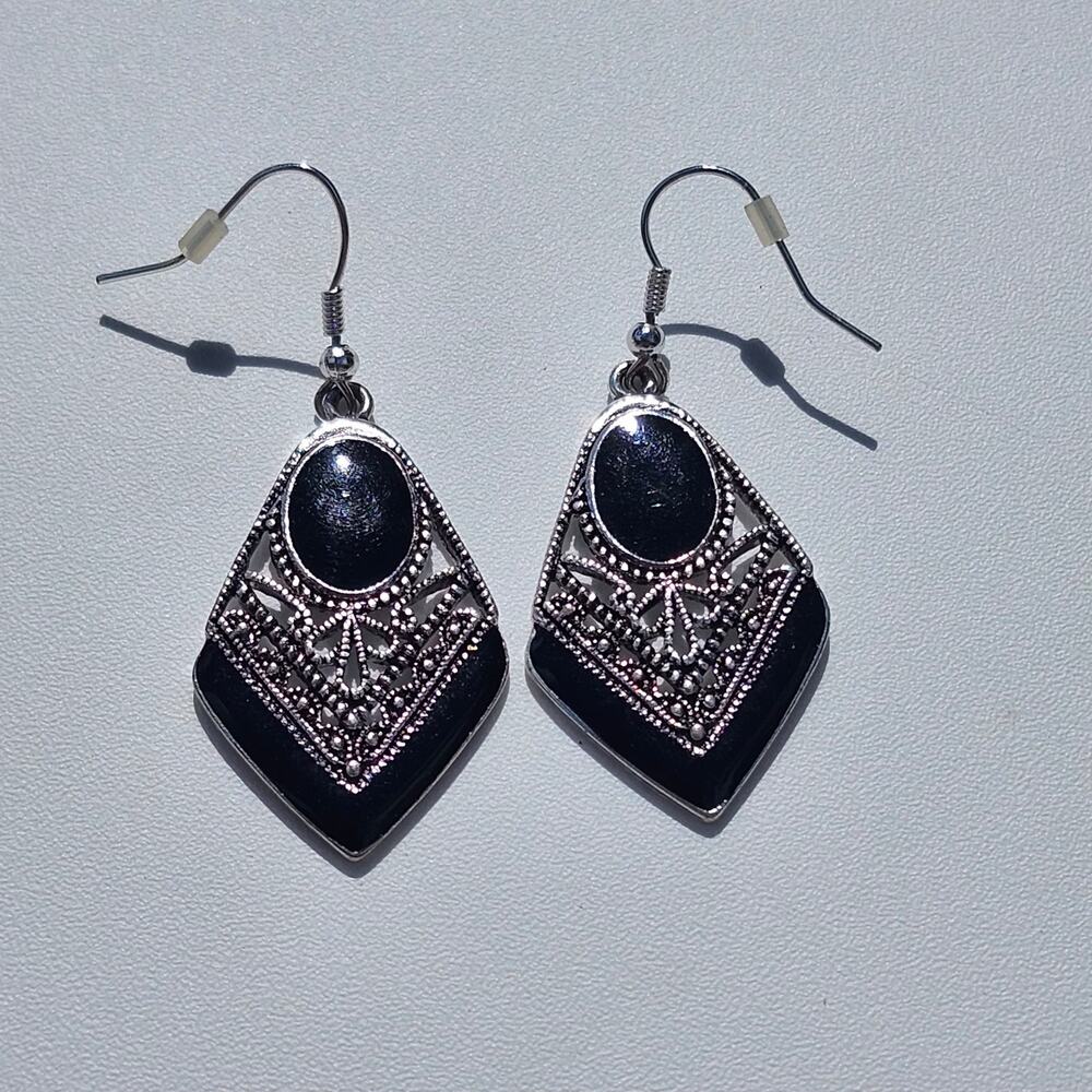 Black Enamel Silver Tone Filigree Cutout Diamond Shape Boho Hook Dangle Earrings